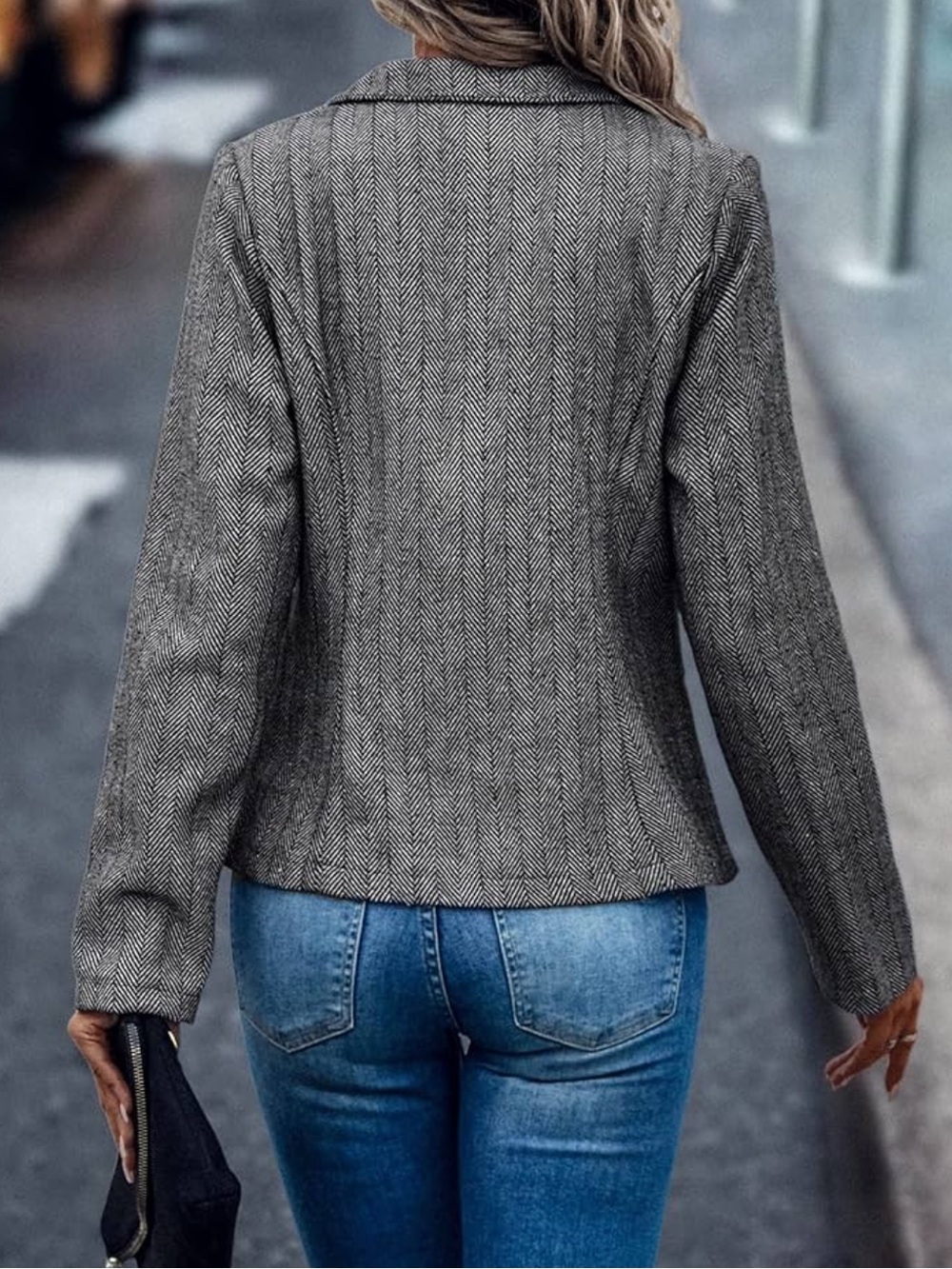 Herringbone Blazer Large SHEIN Black & White Tweed Zip-Front Flap Detail Jacket - Picture 4 of 16